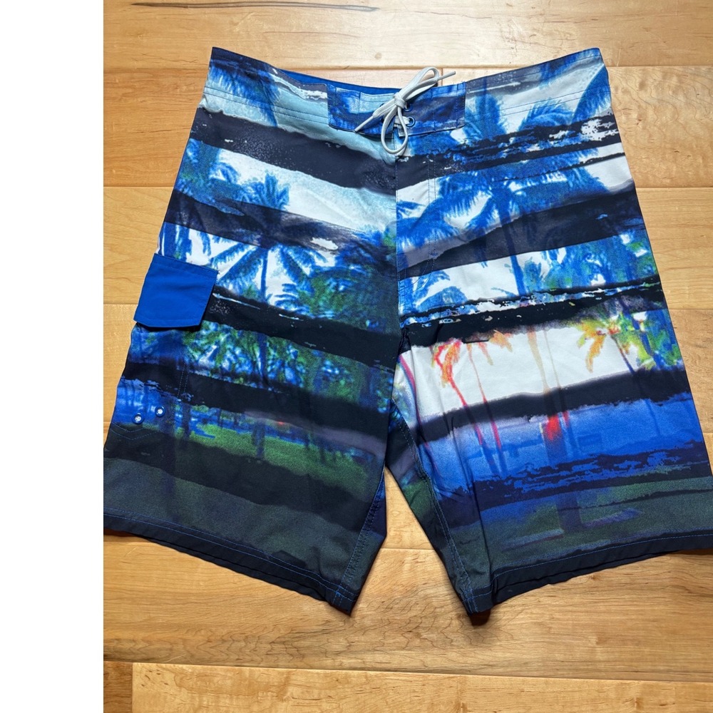 Joe Boxer Board Shorts Men 31 (Tag 30) Tropical Palm Tree Striped Cargo Swim